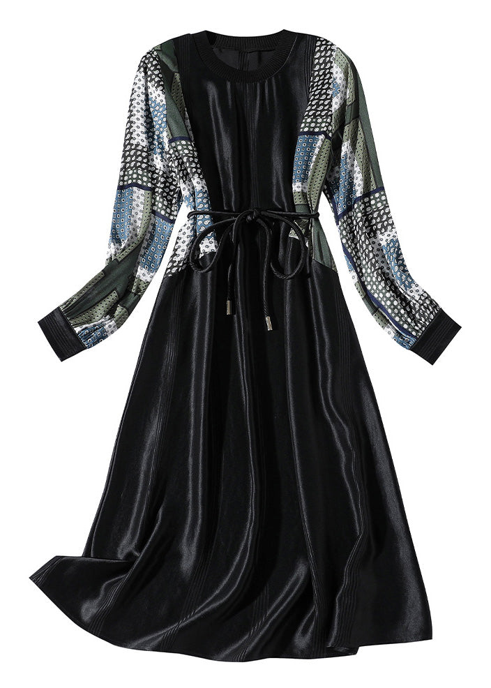 Black O-neck Print Patchwork Tie Waist Satin Vacation Long Dresses Long Sleeve Ly1056