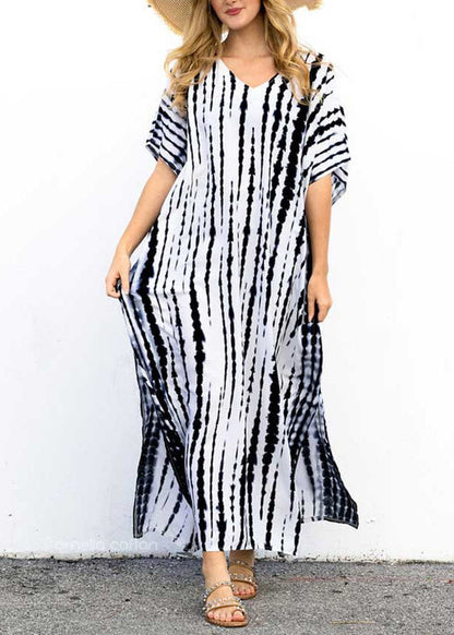 Black O-neck Striped Side Open Maxi Dresses Short Sleeve Vb1035