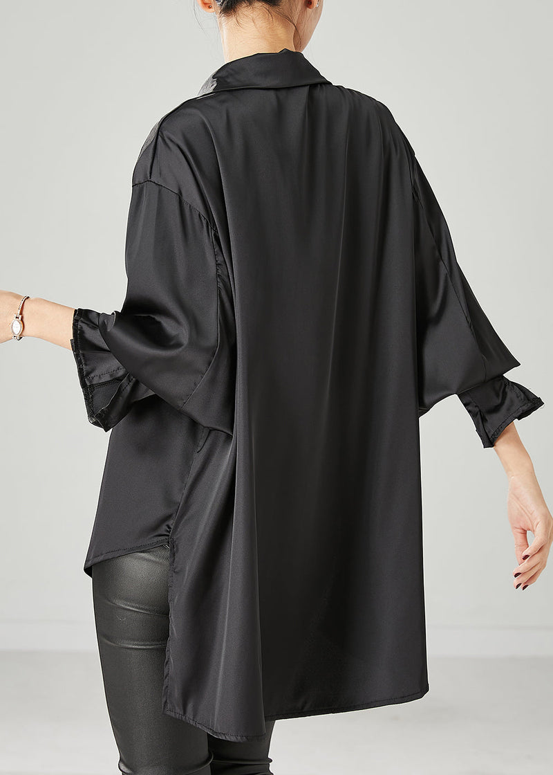 Black Oversized Draping Chiffon Blouses Spring Yu1051