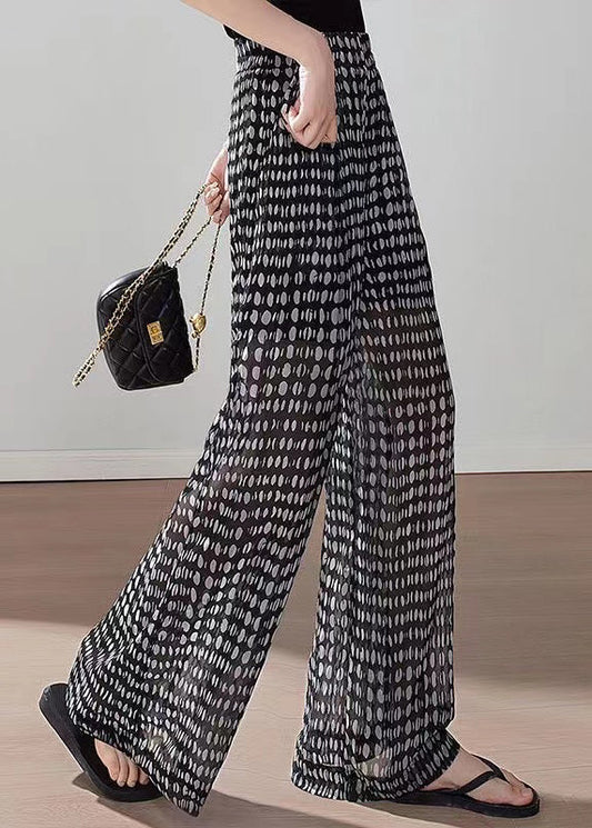 Black Pockets Print Elastic Waist Chiffon Pants Summer Qq1060