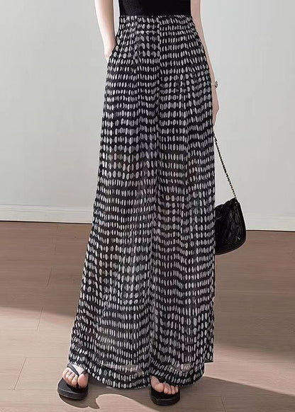 Black Pockets Print Elastic Waist Chiffon Pants Summer Qq1060