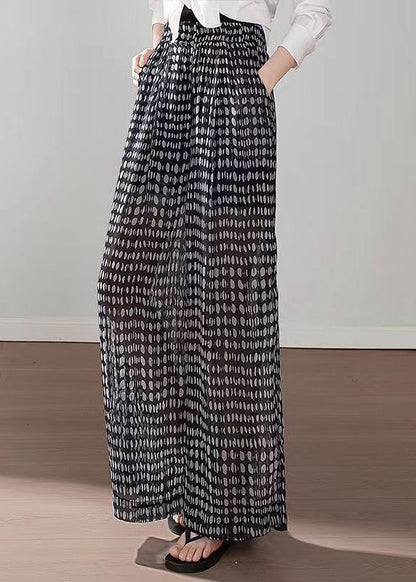 Black Pockets Print Elastic Waist Chiffon Pants Summer Qq1060