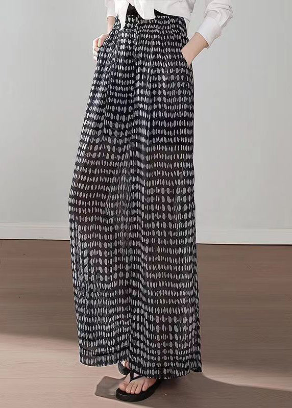 Black Pockets Print Elastic Waist Chiffon Pants Summer Qq1060