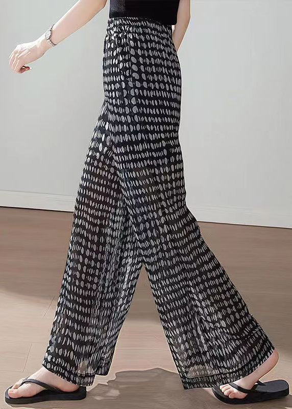 Black Pockets Print Elastic Waist Chiffon Pants Summer Qq1060