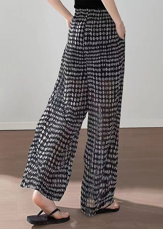 Black Pockets Print Elastic Waist Chiffon Pants Summer Qq1060