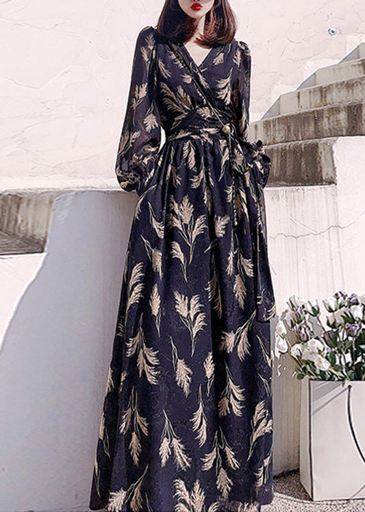 Black V Neck Print Slim Long Dress Long Sleeve Ly1721