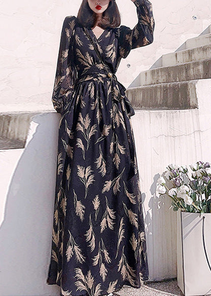 Black V Neck Print Slim Long Dress Long Sleeve Ly1721