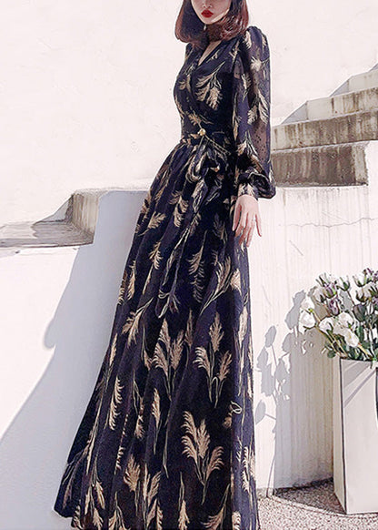 Black V Neck Print Slim Long Dress Long Sleeve Ly1721
