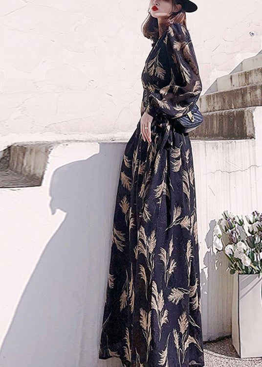 Black V Neck Print Slim Long Dress Long Sleeve Ly1721