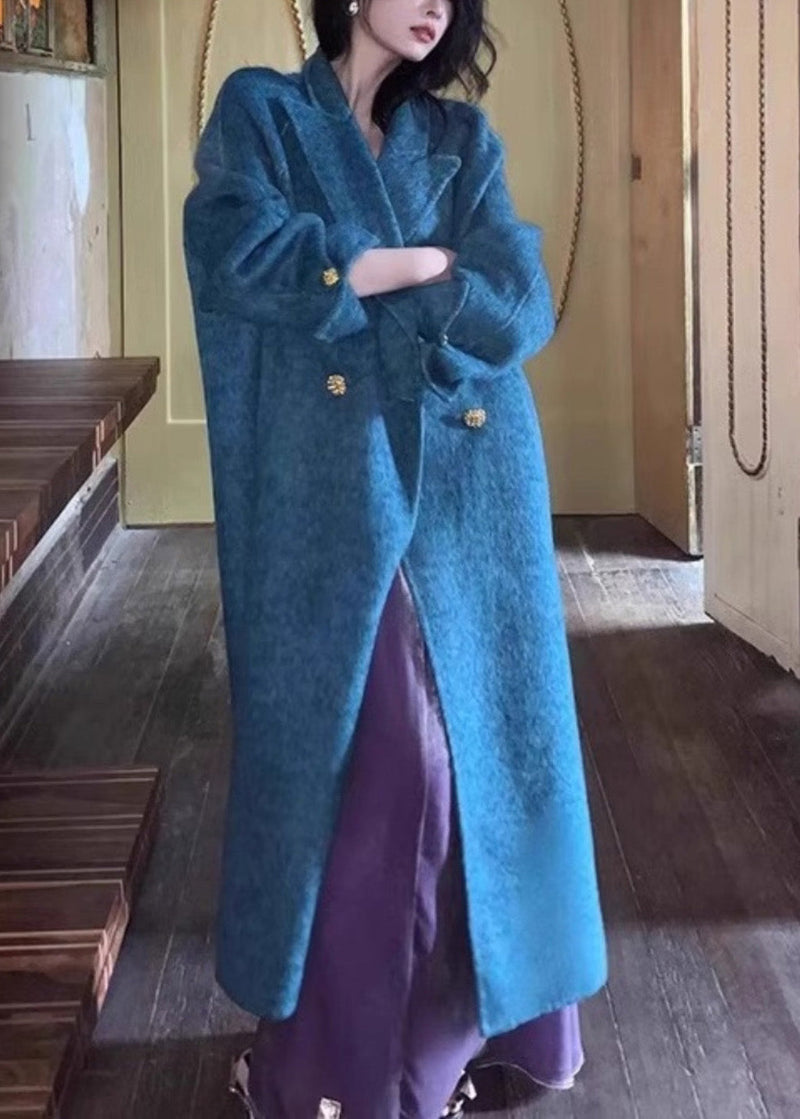 Blue Notched Button Woolen Maxi Coats Winter Rp006