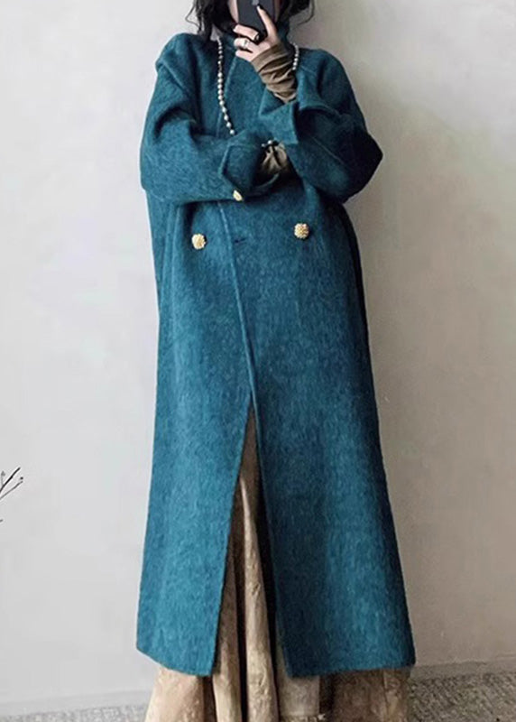 Blue Notched Button Woolen Maxi Coats Winter Rp006