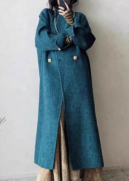 Blue Notched Button Woolen Maxi Coats Winter Rp006