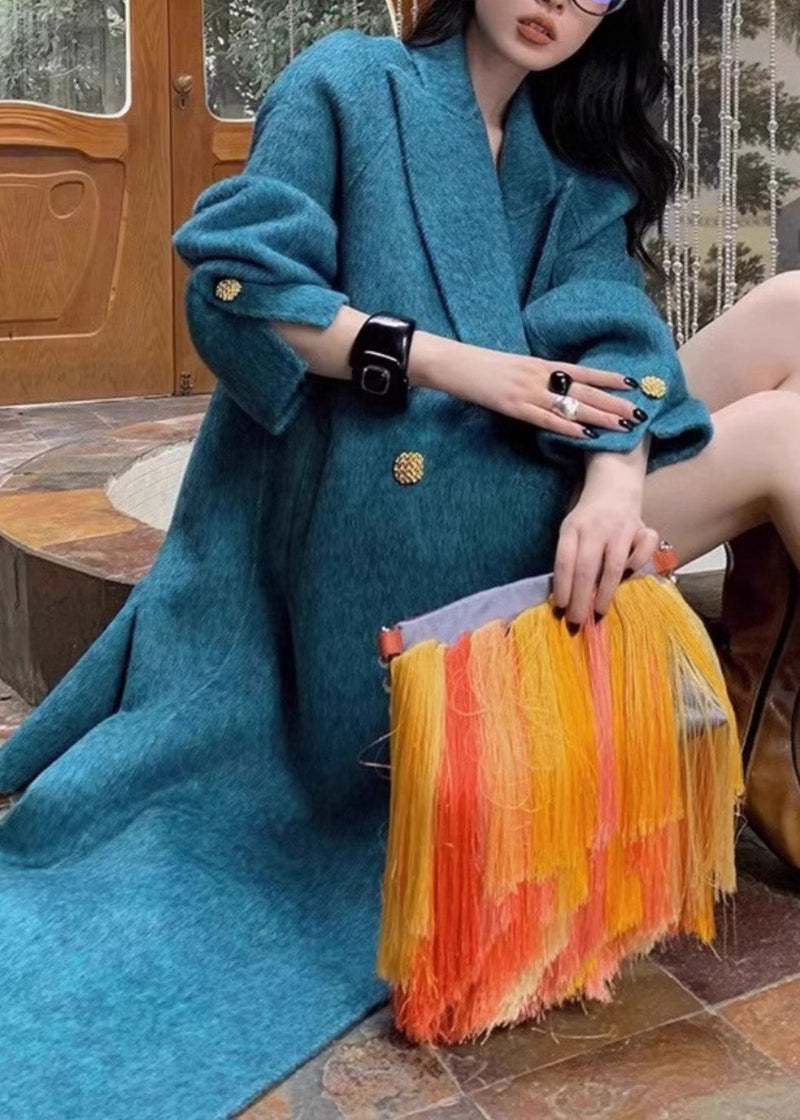 Blue Notched Button Woolen Maxi Coats Winter Rp006