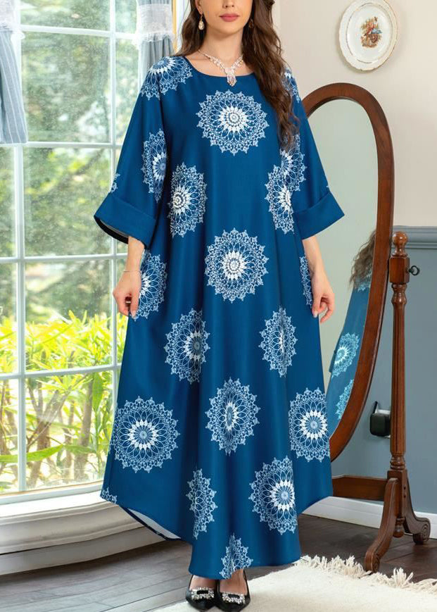 Blue O Neck Print Cotton Maxi Dresses Summer Aa1050