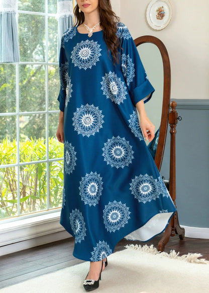 Blue O Neck Print Cotton Maxi Dresses Summer Aa1050