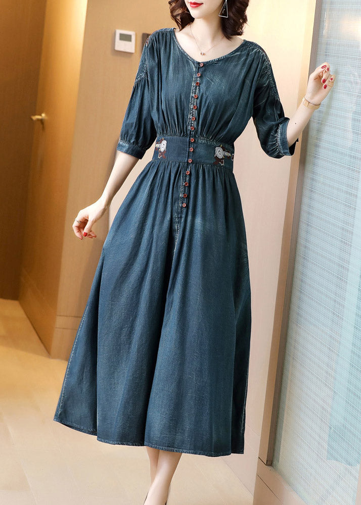Blue O-neck Wrinkled Tunic Cotton Denim Maxi Dress Long Sleeve Ac2037