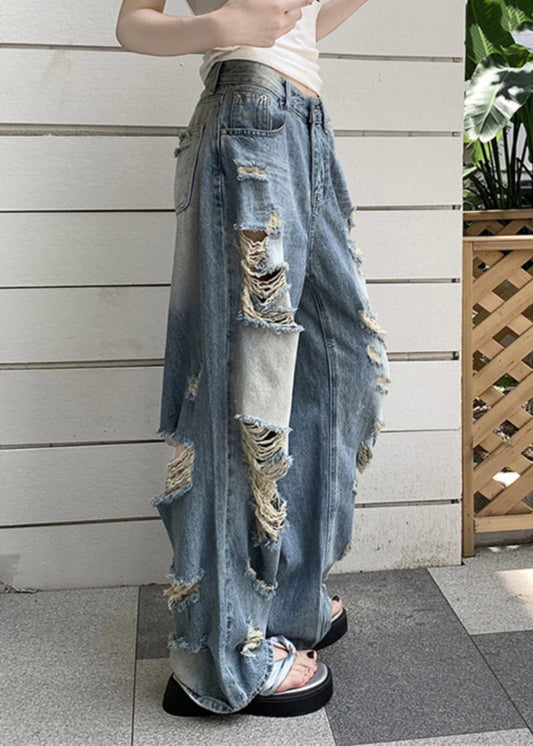 Blue Pockets Patchwork Hole Denim Pants Fall Qb039
