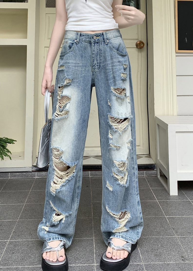 Blue Pockets Patchwork Hole Denim Pants Fall Qb039