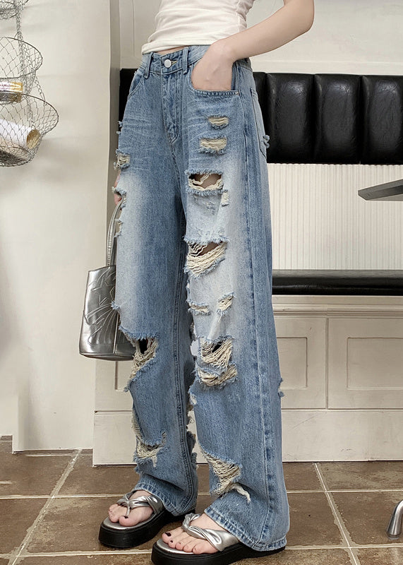 Blue Pockets Patchwork Hole Denim Pants Fall Qb039