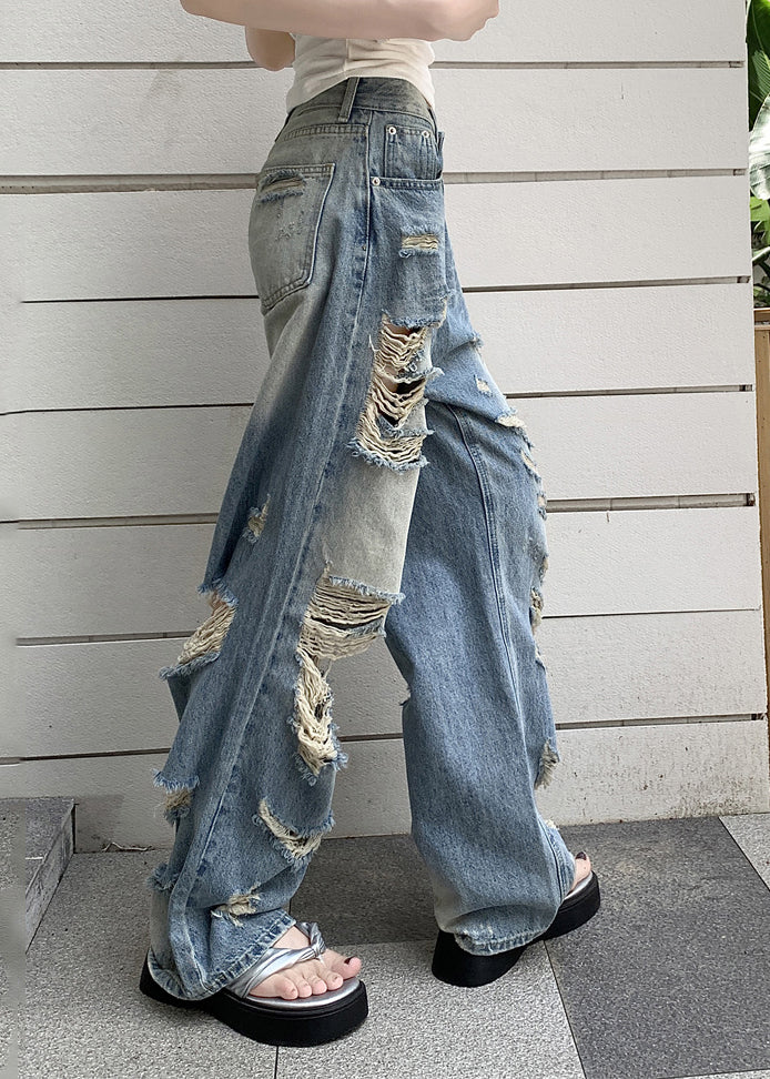 Blue Pockets Patchwork Hole Denim Pants Fall Qb039