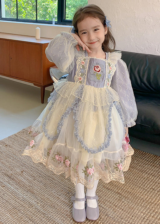 Blue Square Collar Embroideried Tulle Kids Maxi Dress Spring Ye032