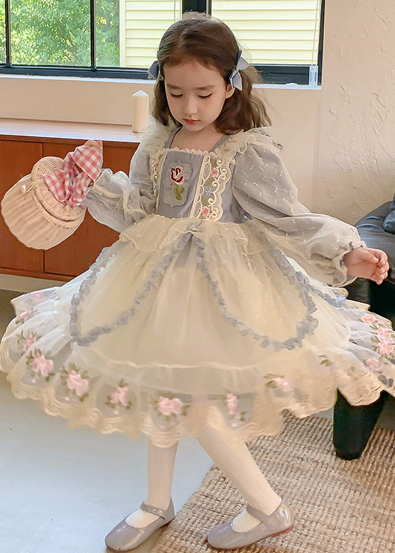 Blue Square Collar Embroideried Tulle Kids Maxi Dress Spring Ye032