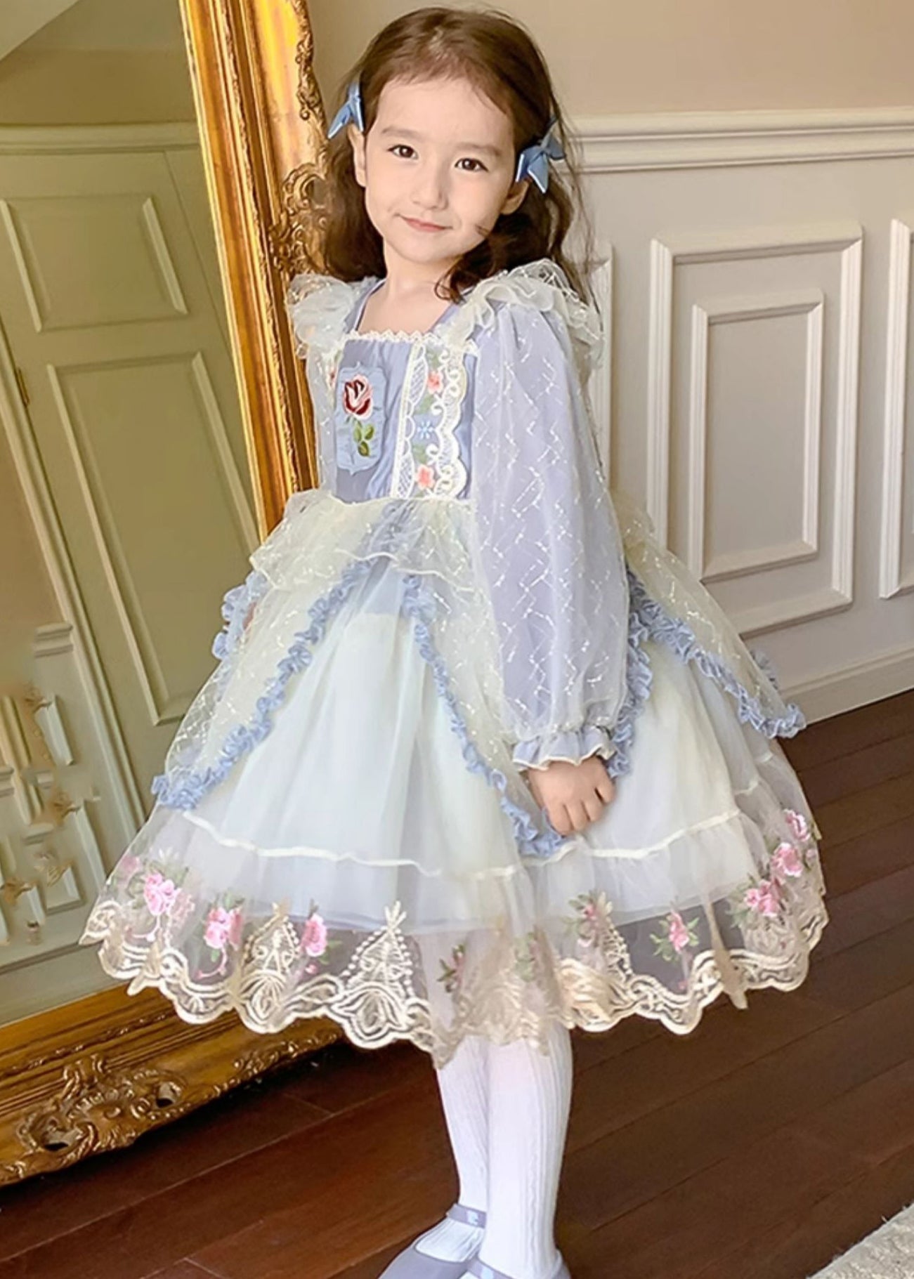 Blue Square Collar Embroideried Tulle Kids Maxi Dress Spring Ye032