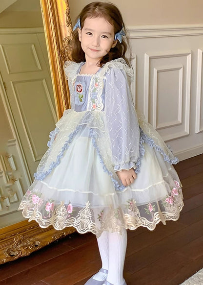 Blue Square Collar Embroideried Tulle Kids Maxi Dress Spring Ye032