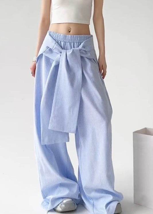 Blue Tie Waist Detachable Striped Straight Pants Spring Ta057