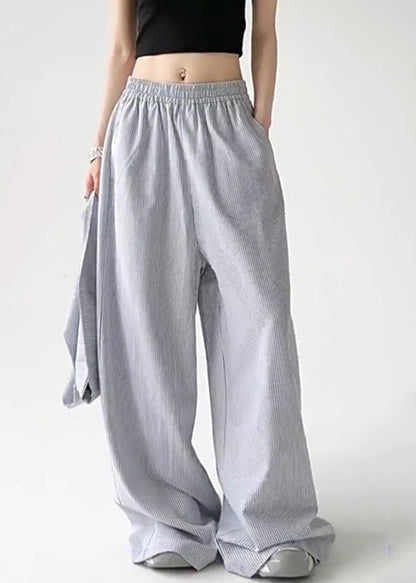 Blue Tie Waist Detachable Striped Straight Pants Spring Ta057