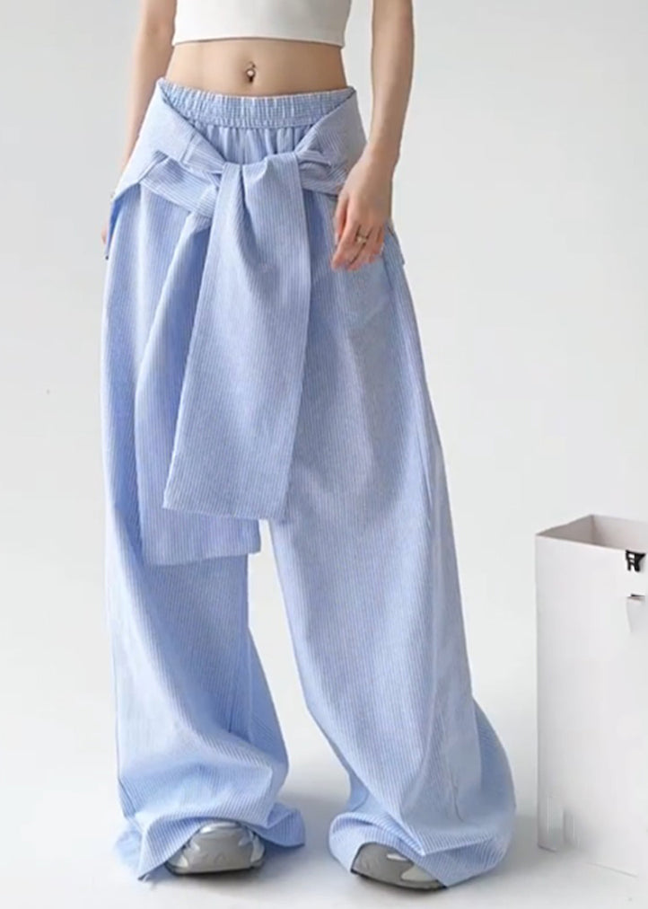Blue Tie Waist Detachable Striped Straight Pants Spring Ta057
