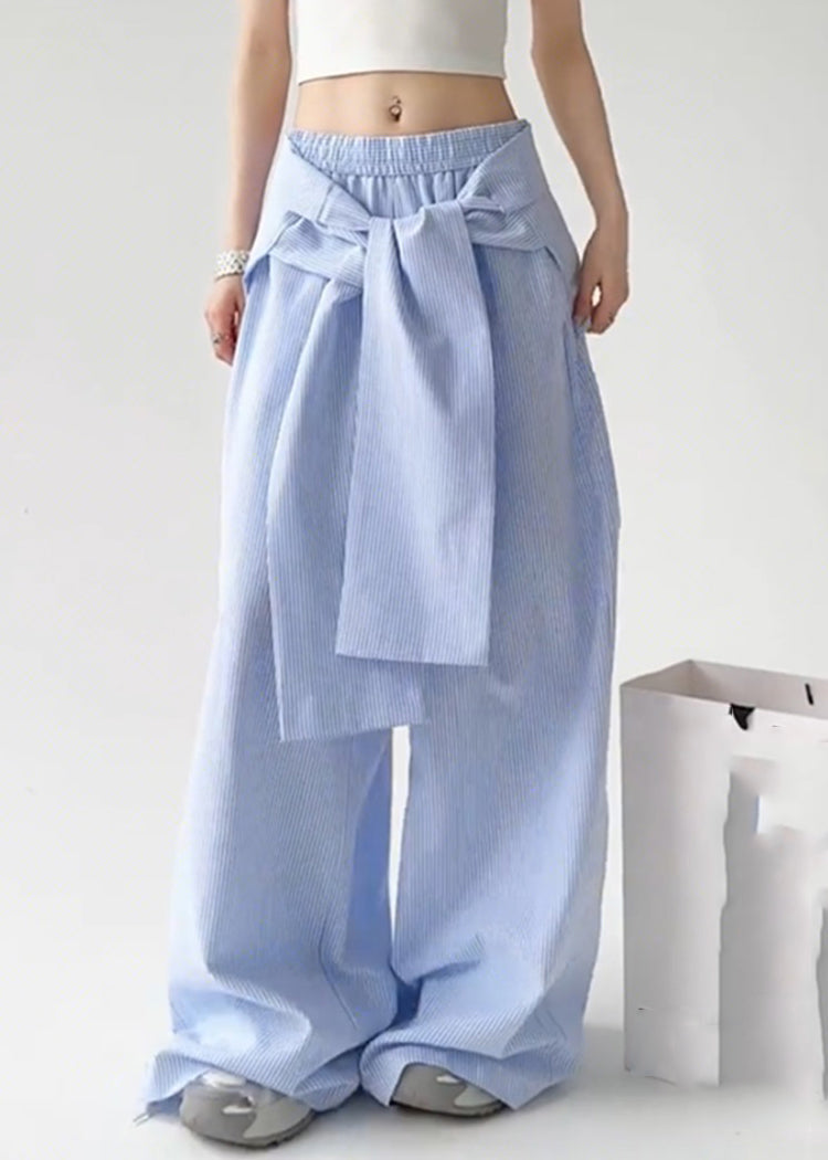 Blue Tie Waist Detachable Striped Straight Pants Spring Ta057
