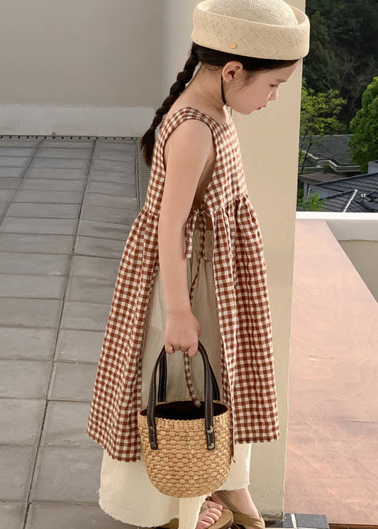 Coffee Plaid Square Collar Side Open Tie Waist Cotton Kids Long Dress Summer Gf002
