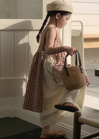Coffee Plaid Square Collar Side Open Tie Waist Cotton Kids Long Dress Summer Gf002