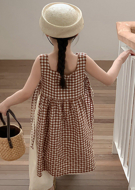 Coffee Plaid Square Collar Side Open Tie Waist Cotton Kids Long Dress Summer Gf002