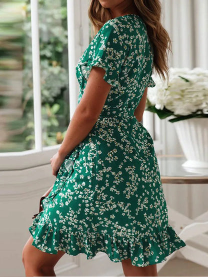 Print Ruffles Dress Summer V Neck Short Sleeve a Line Chiffon Mini Dresses Beach Vacation Sundress