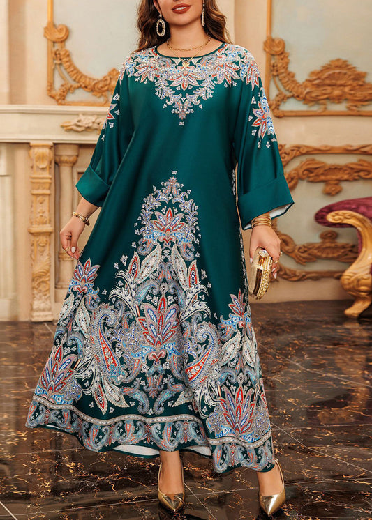 Green O-neck Print Cotton Long Dress Fall Wo046