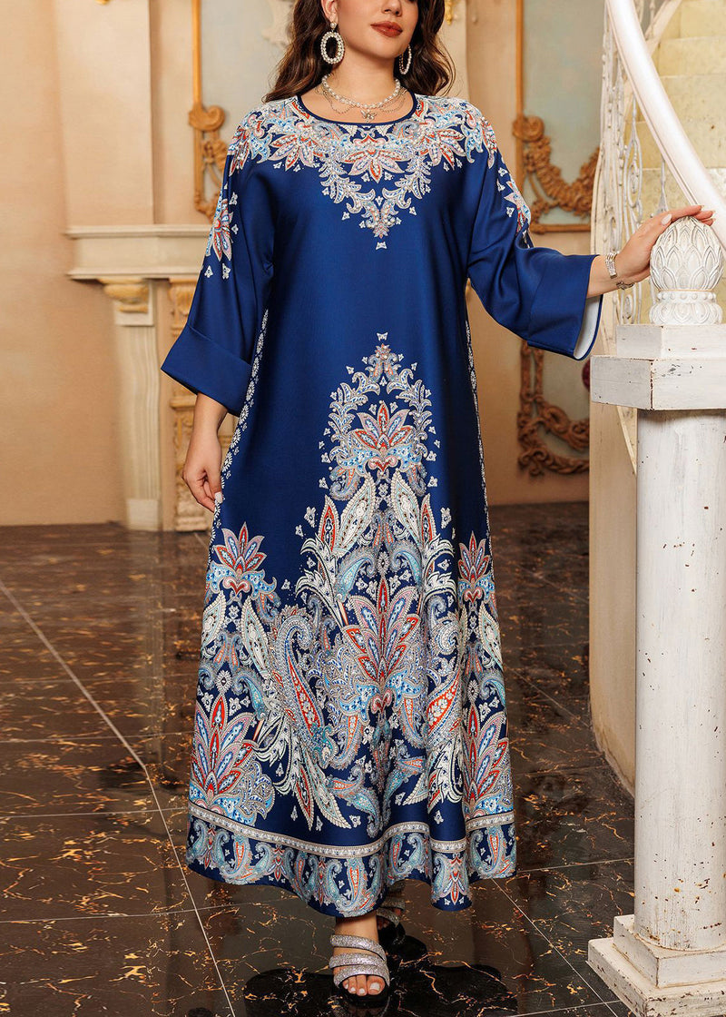 Green O-neck Print Cotton Long Dress Fall Wo046