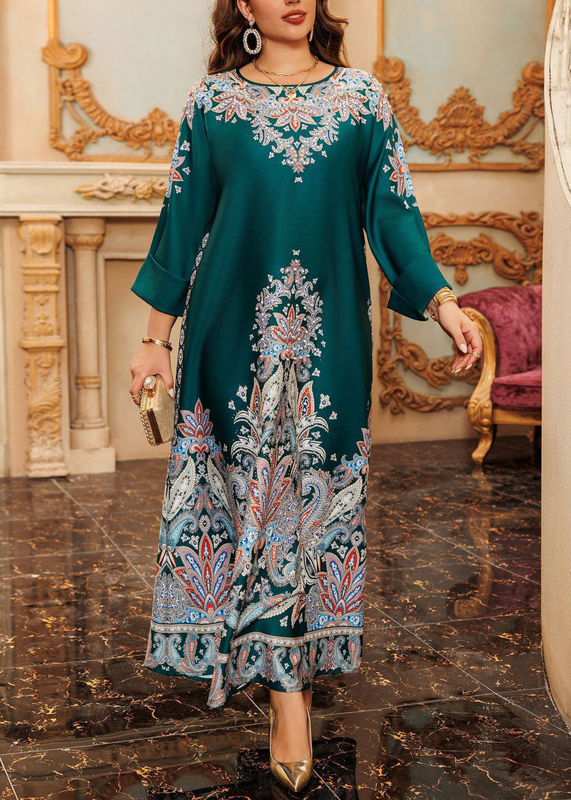 Green O-neck Print Cotton Long Dress Fall Wo046