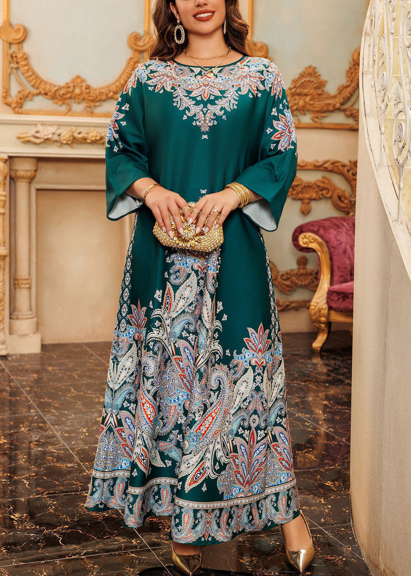 Green O-neck Print Cotton Long Dress Fall Wo046
