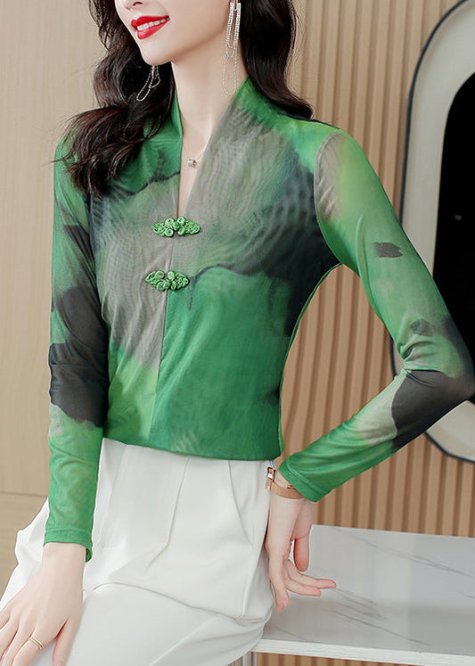 Green V Neck Tie Dye Chinese Button Tulle Blouse Tops Spring Ly0412