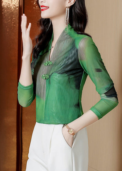 Green V Neck Tie Dye Chinese Button Tulle Blouse Tops Spring Ly0412