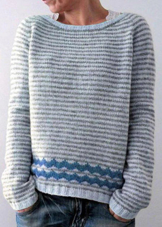Grey Striped O Neck Cozy Knit Sweaters Fall Qa057