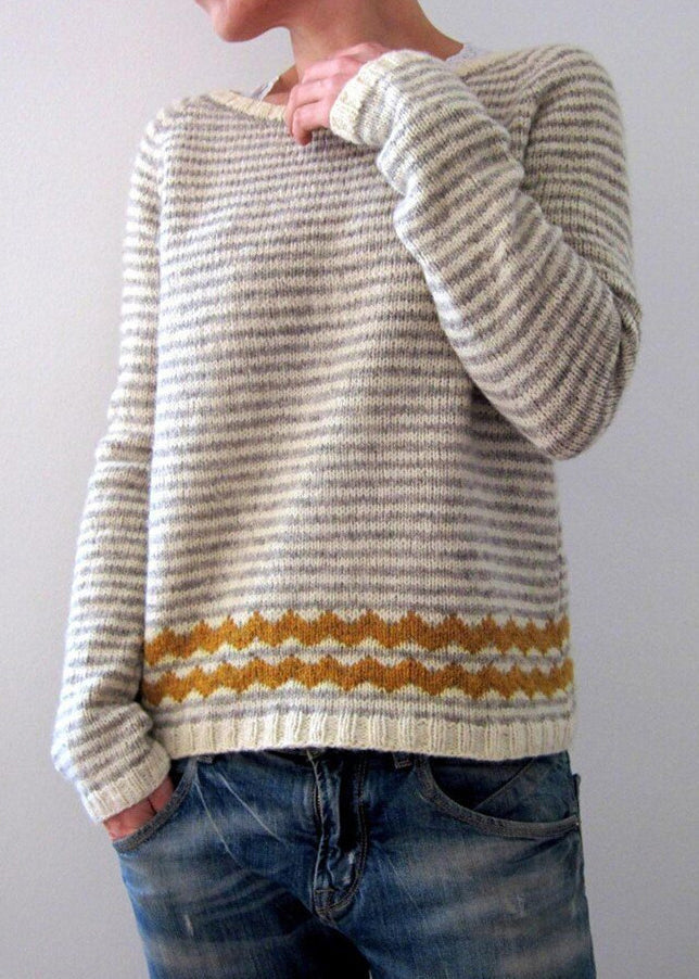 Grey Striped O Neck Cozy Knit Sweaters Fall Qa057