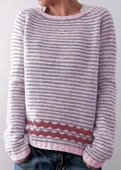 Grey Striped O Neck Cozy Knit Sweaters Fall Qa057