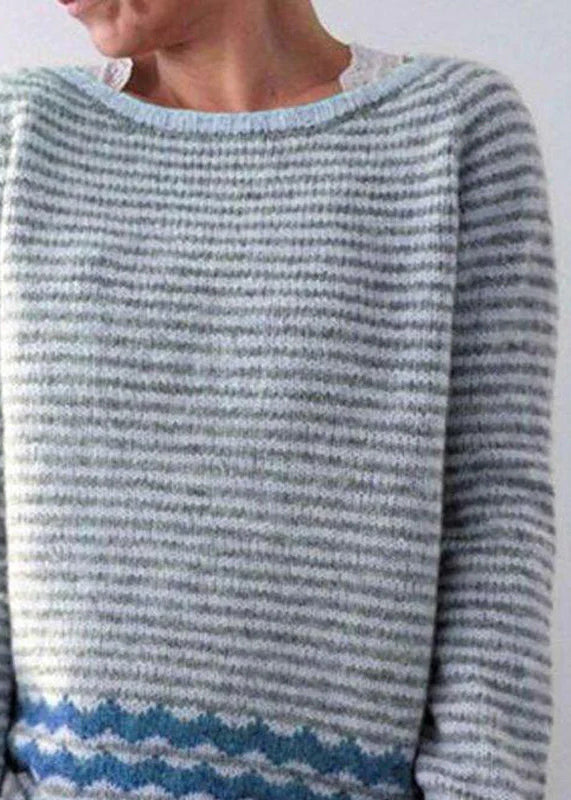 Grey Striped O Neck Cozy Knit Sweaters Fall Qa057