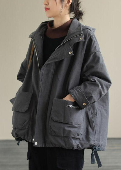 Grey Zippered Loose Drawstring Fall Long Sleeve Coat Qs039