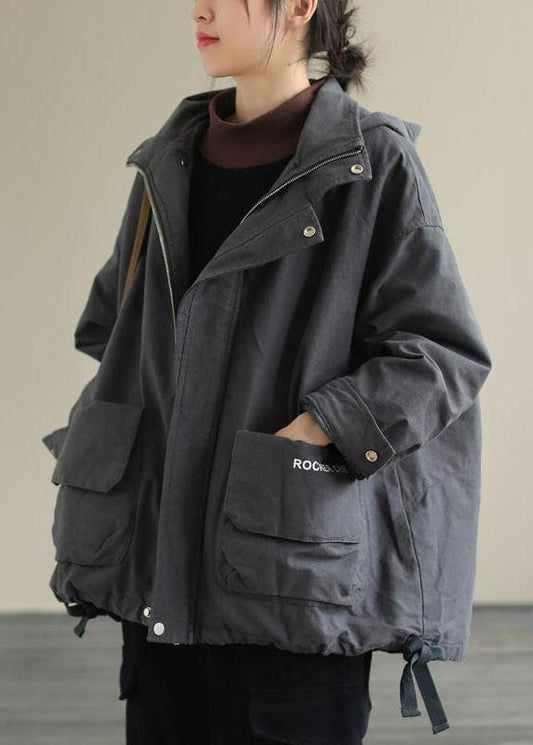 Grey Zippered Loose Drawstring Fall Long Sleeve Coat Qs039