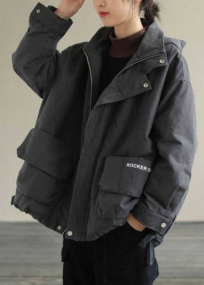 Grey Zippered Loose Drawstring Fall Long Sleeve Coat Qs039