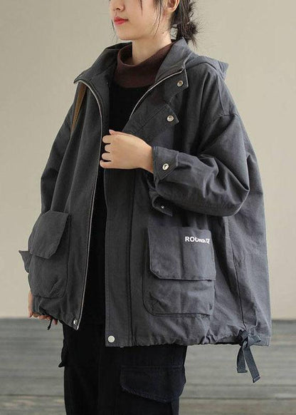 Grey Zippered Loose Drawstring Fall Long Sleeve Coat Qs039